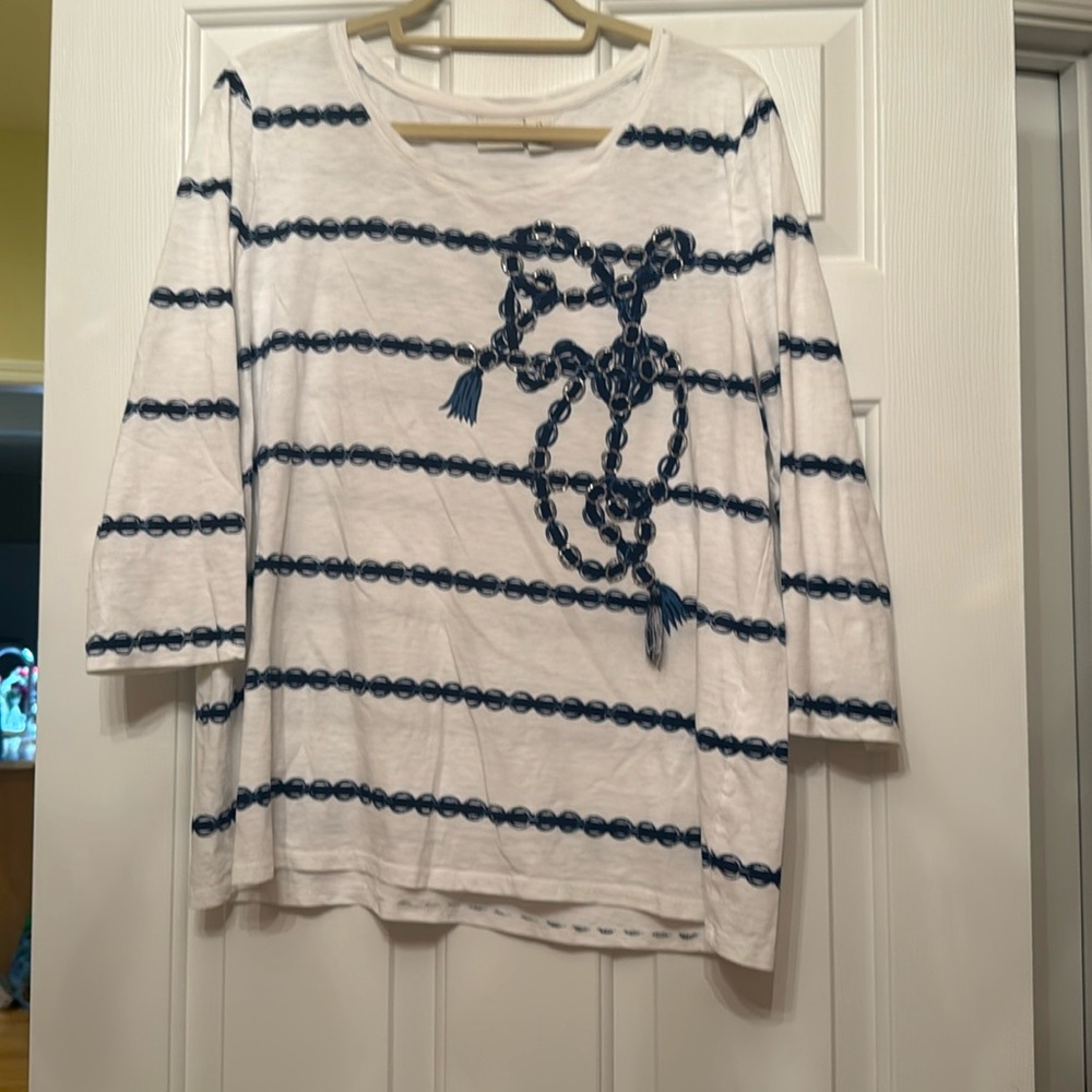 Chico's Zenergy Top Size 2 Nautical Tassel Blue White Stripe